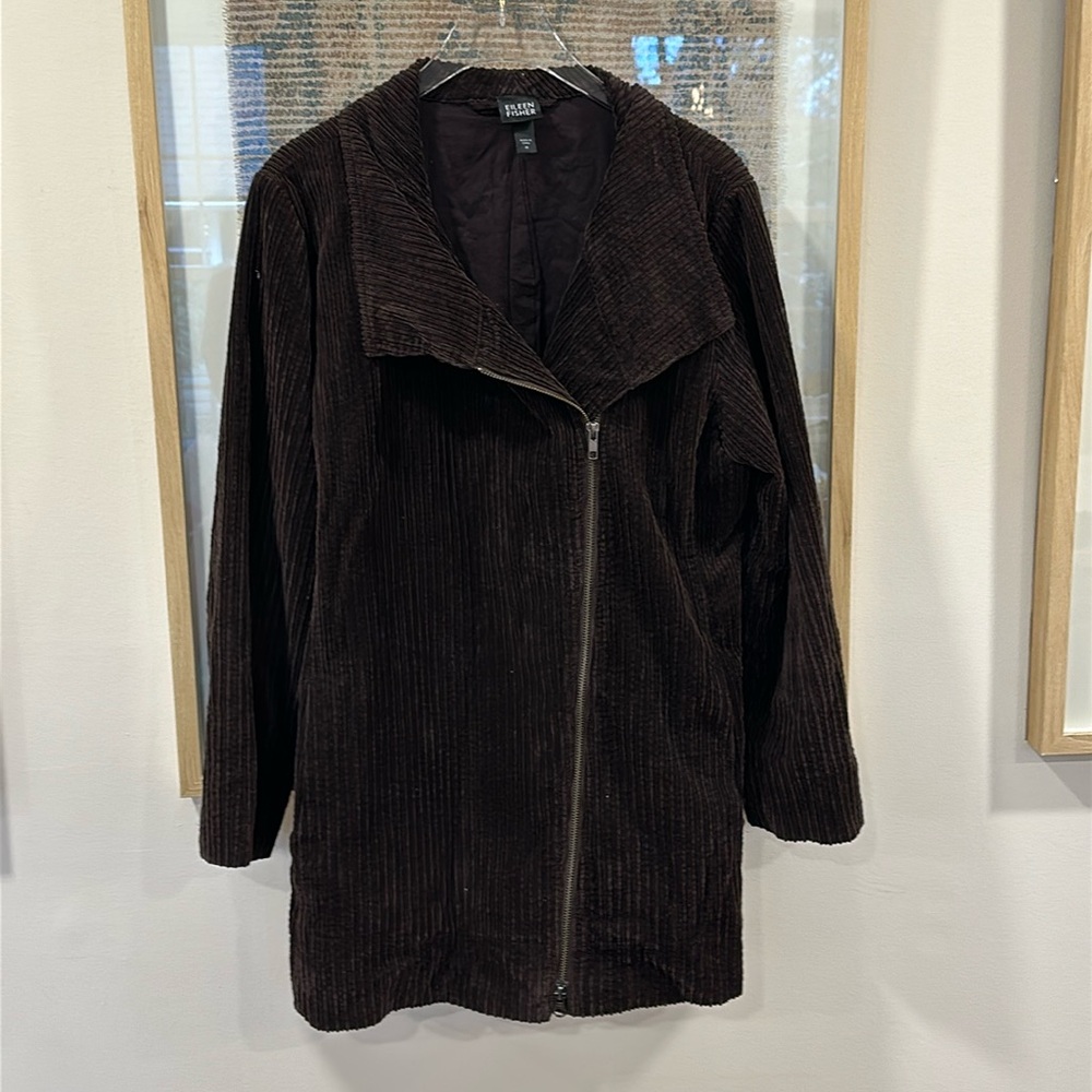 Eillen Fisher Corduroy Full Zip Coat Jacket Asymmetrical Zipper Womens Medium